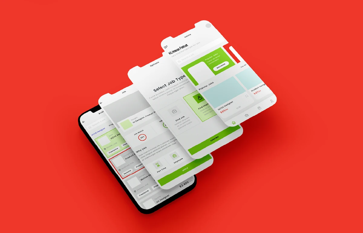 Staffi mobile interface across stacked phone mockups