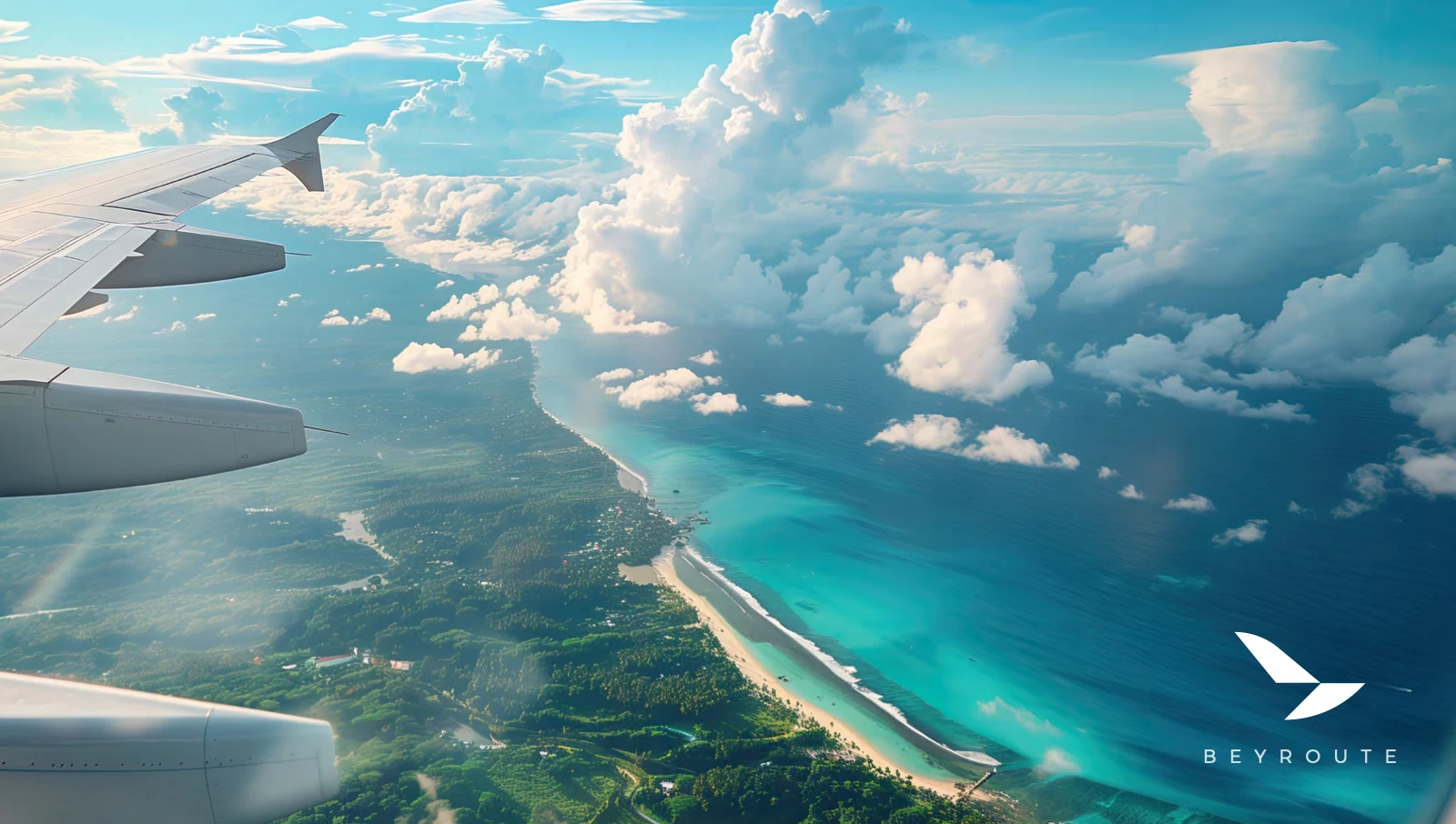 Beyroute logo over an aerial view of a coastline from an airplane