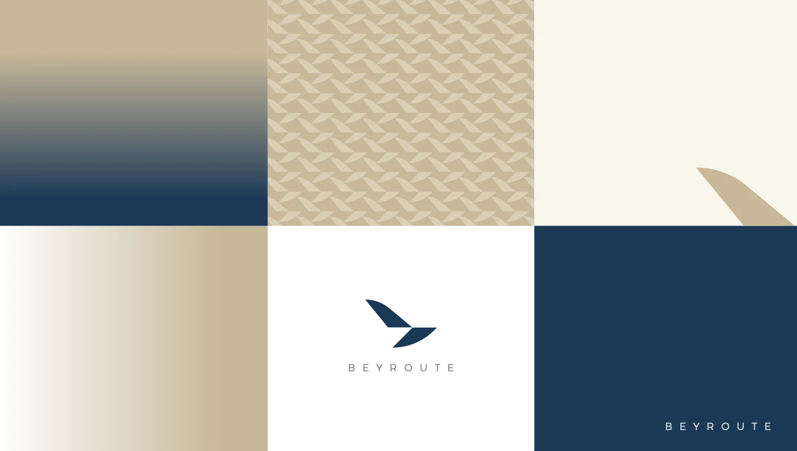 Beyroute identity board showing gradients, repeated bird patterns, logo and wordmark