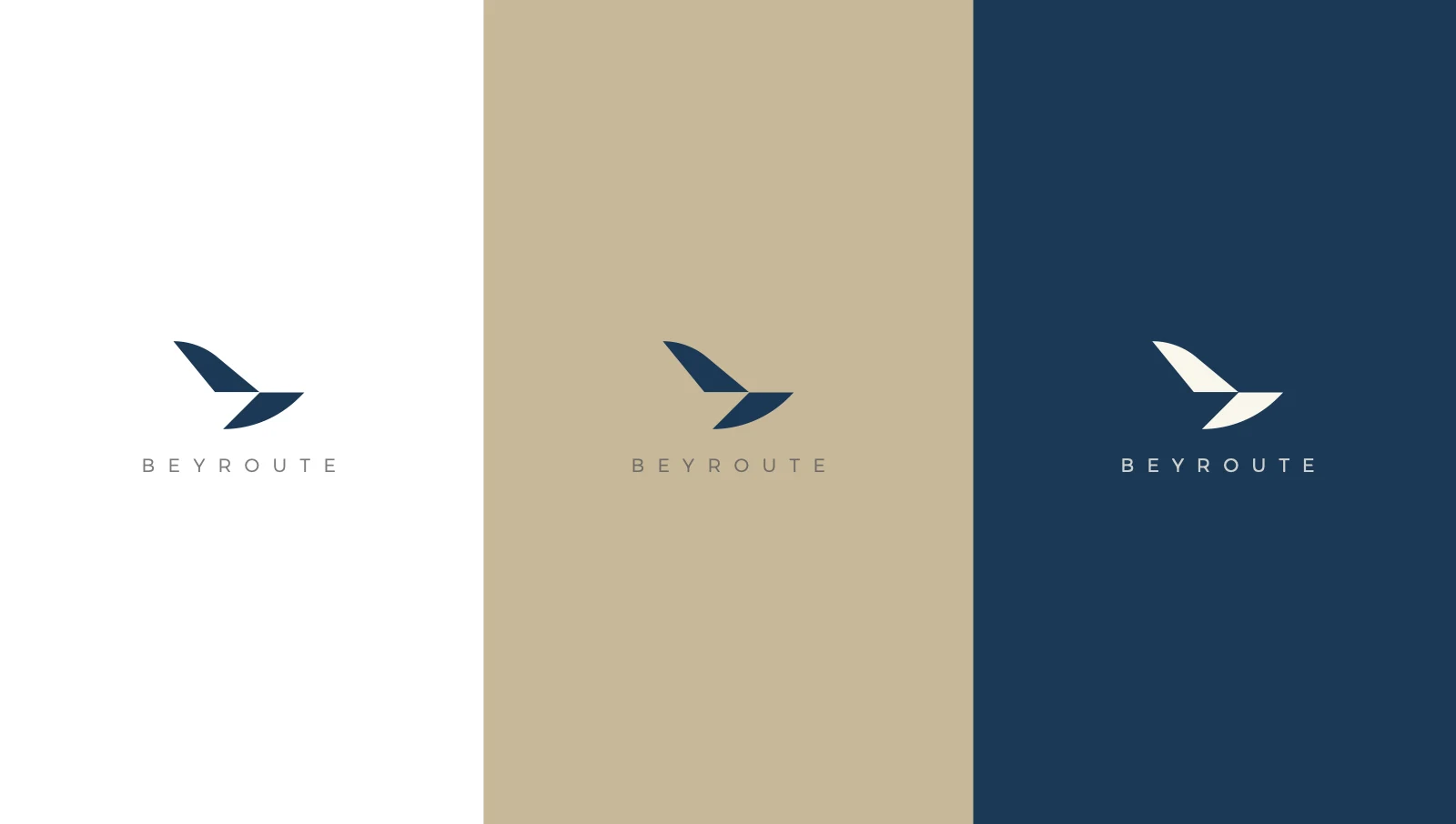 Beyroute logo in navy on white, navy on sand, and light on navy